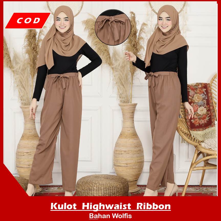 Celana Kulot Wanita Ribbon Pants Wolfis Highwaist Casual Tali Daily