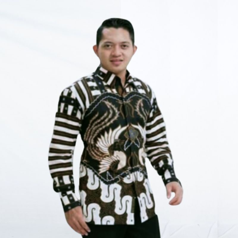 Baju Kemeja Batik Pria Lengan Panjang Pendek Atasan Cowok Kekinian Motif Lurik Hitam