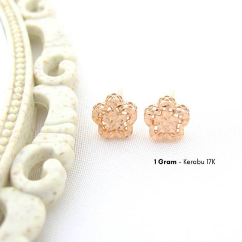 Anting kerabu anak dan dewasa emas asli 750 75% 17k rosegold model duduk paku love bunga kupu2 ukir korea model baru