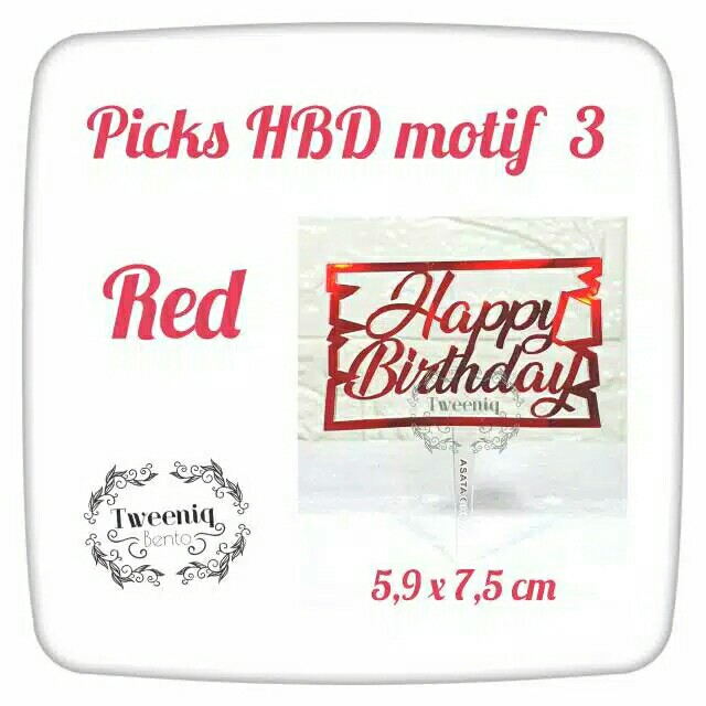 Picks Hbd Motif 3 Red Acrylic Cake Topper Tusukan Kue Happy Birthday Papan Warna Merah