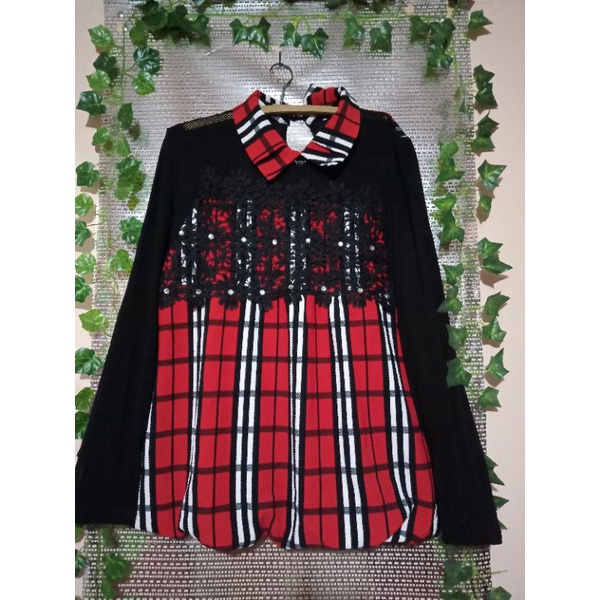 Atasan bahan kaos import kotak kotak merah kombinasi brukat tile ada permata