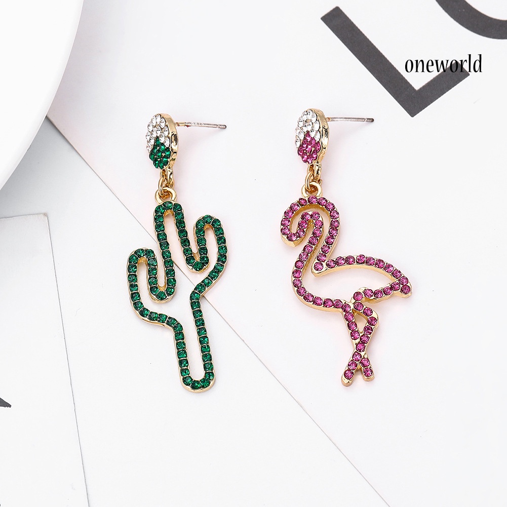 OW# Women Hollow Rhinestone Cactus Flamingo Dangle Asymmetric Stud Earrings Jewelry