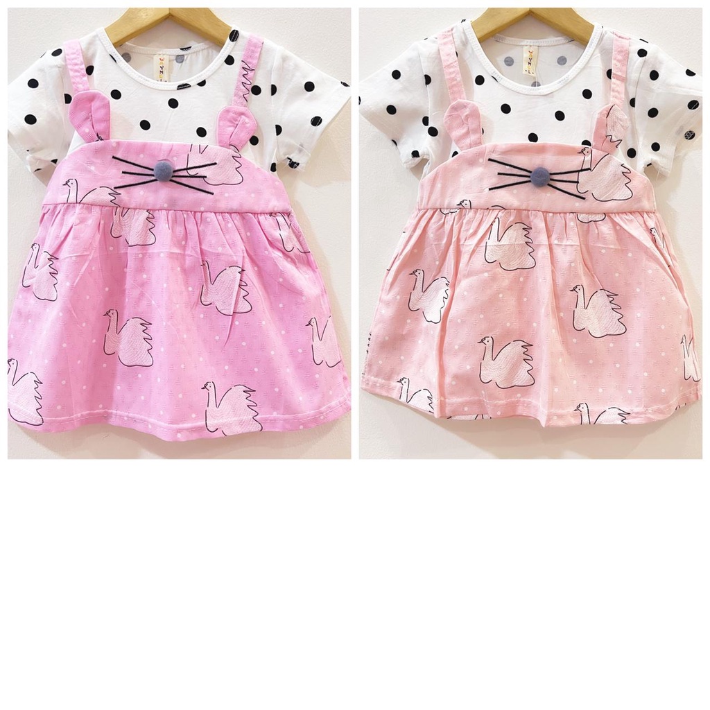 SIMPLE MEOW / LUCKY CAT / PEACHY / PRINCESS SWAN SLEEPING BEAUTY  DRESS Baju Dress Bunga Bandana Sepatu Pergi Lucu Fashion Anak Bayi Perempuan Cewek Import-pink/peach LUCKY CAT
