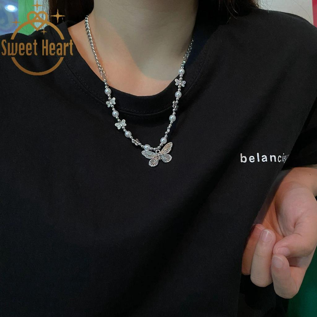 Kalung Liontin Kupu-Kupu Aksen Mutiara Bahan Titanium Steel Gaya Hip Hop Untuk Wanita