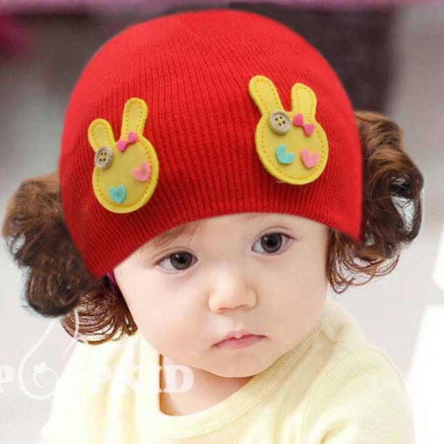 Topi rambut palsu/Topi kepang/Topi wig palsu/Topi anak import/Topi/kupluk anak import