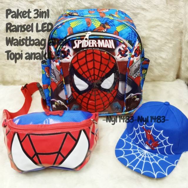 Tas anak paud led superhero gratis topi dan waisbag