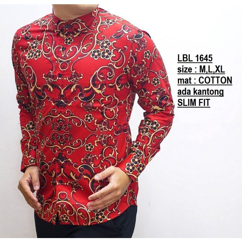 LB577 KEMEJA BATIK PRIA SLIM FIT MERAH LINABATIKDISTRO UNIK BAJU BATIK PRIA MERAH IMLEK