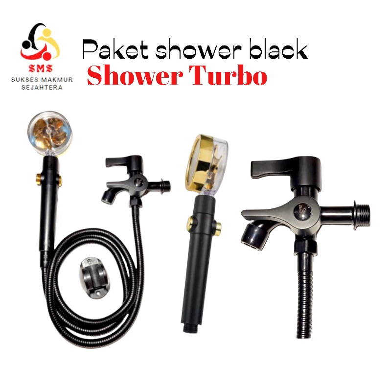 PROMO Paket Shower Turbo Fan Shower Head Water Saving High-Pressure Rainfall | Paket Shower Hitam