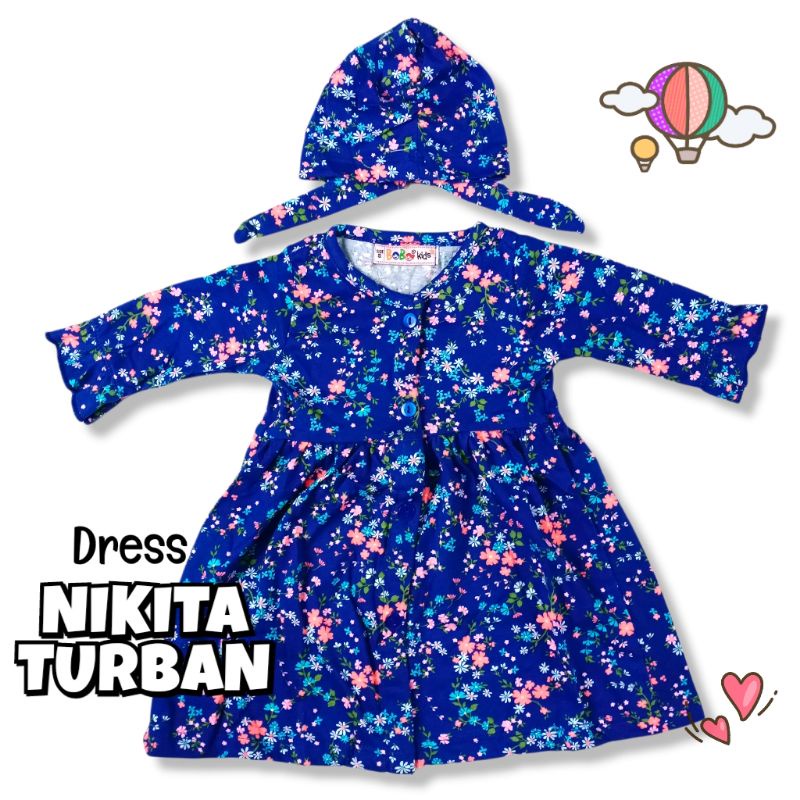 NIKITA 0 - 2 THN DRESS ANAK BAYI PEREMPUAN FREE TURBAN Baju Anak Bayi Perempuan Cewek Dres Baby Girl Nicta Bobo Kids-I BlueTinyFloPink