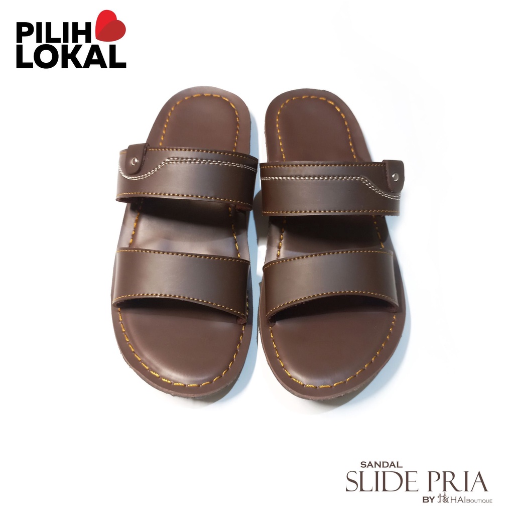 Sandal Pria Slide Kulit PU - Sandal Selop Pria Murah Keren - Sandal Casual Pria Kekinian - Sandal Pria Terbaru 2021 Sandal Cowok Kekinian - Sandal Pria Dewasa Terbaru Murah - Sandal Cowok Keren Coklat - Sandal Ban 2 Pria -  Sandal Pria Slip On Kokop Awet