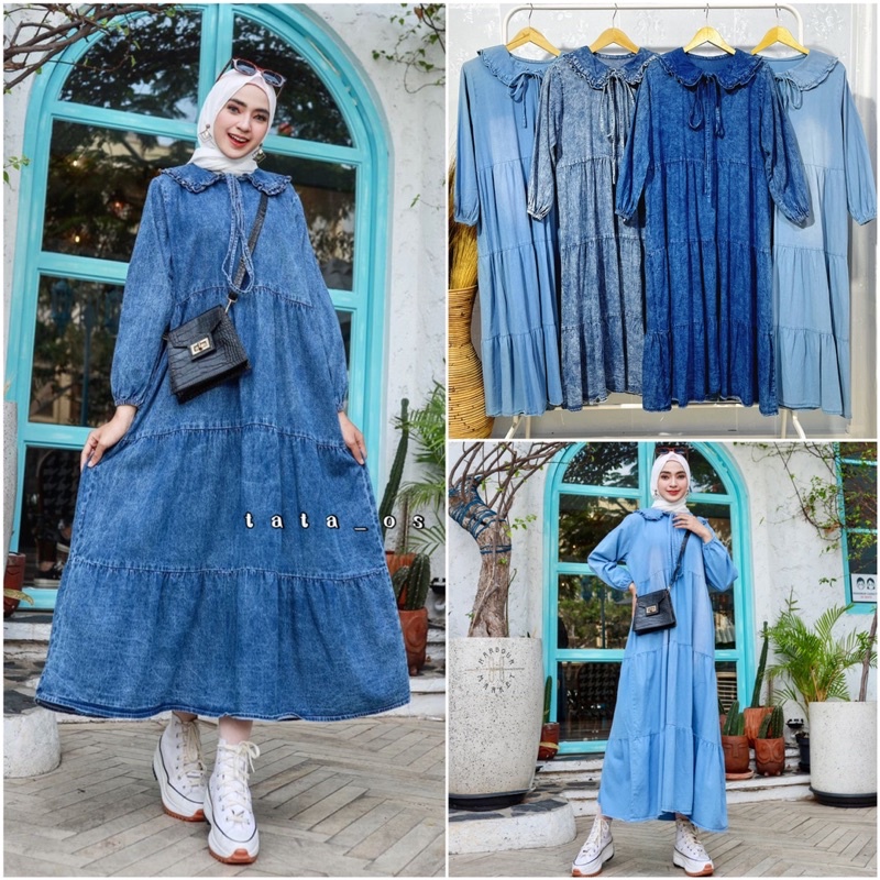 TATAOS BANGKOK RANISA DRESS GAMIS SOFT JEANS IMPORT COLLAR RUFFLE RIBBON TALI PITA SUSUN FLARE KOREA