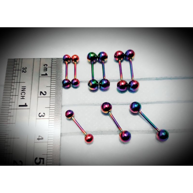 2 Pcs/1 Pasang Anting Piercing Lidah Tusuk Tindik Barbel Pelangi Polos Titanium Pria & Wanita