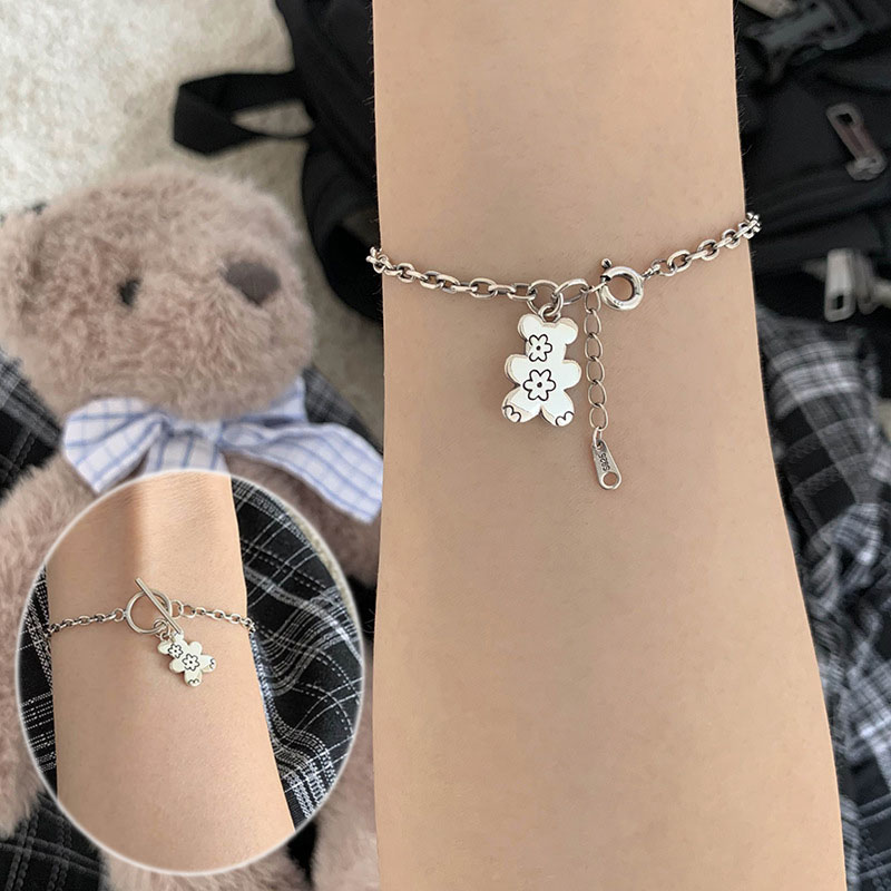 Baby Bear OT Buckle Bracelet Vintage Flower Bear Pendant Necklace Punk Jewelry for Women Ladies