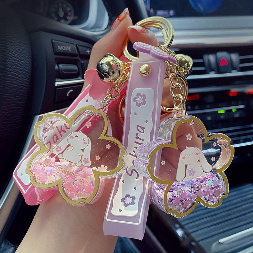 QUINTON Cute Sakura Quicksand Keychain Gift Keyring Liquid Sequins Car Key Ring Trinket Jewelry Cartoon Bunny Acrylic Key Chain Pendant/Multicolor