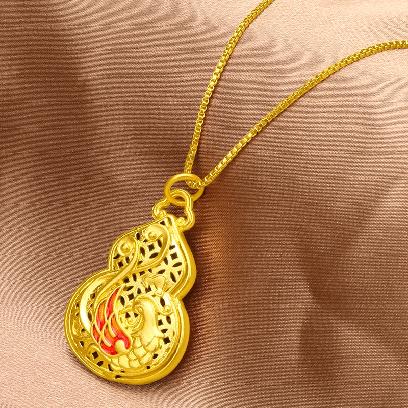 Kalung Liontin Labu Phoenix Hollow 3D Lapis Emas Asli Kadar 375 Gaya Vintage Etnik Untuk Wanita