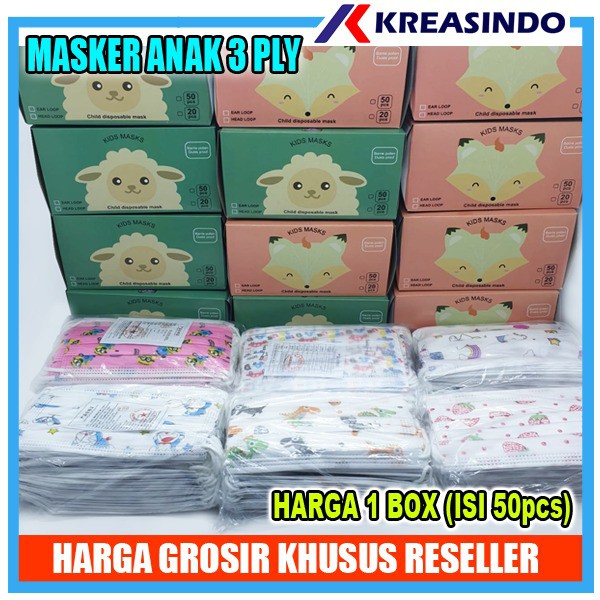 Masker anak / Child / Kids 3 ply 3ply Motif Kids Mask Earloop isi 50