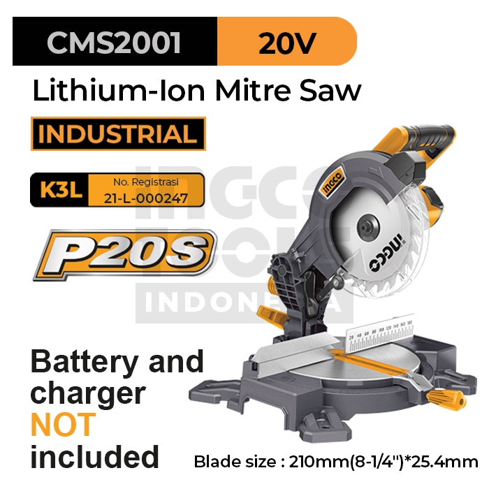 P20S Cordless Mitre Saw (8 1/4") INGCO CMS2001 - Mesin Miter Mitresaw Kayu Aluminium