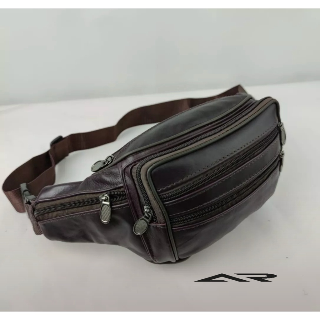 Tas Selempang Pria KULIT ASLI Waistbag Casual 7 Ruang Multi Fungsi