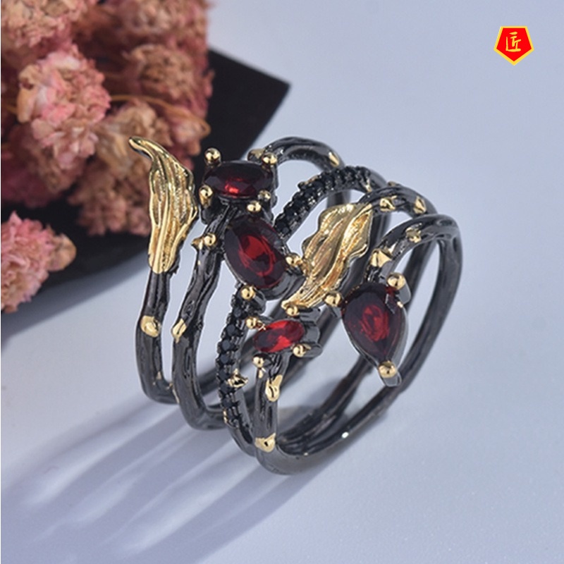 [Ready Stock]Creative Leaf Feather Colored Gems Black Gold Ring