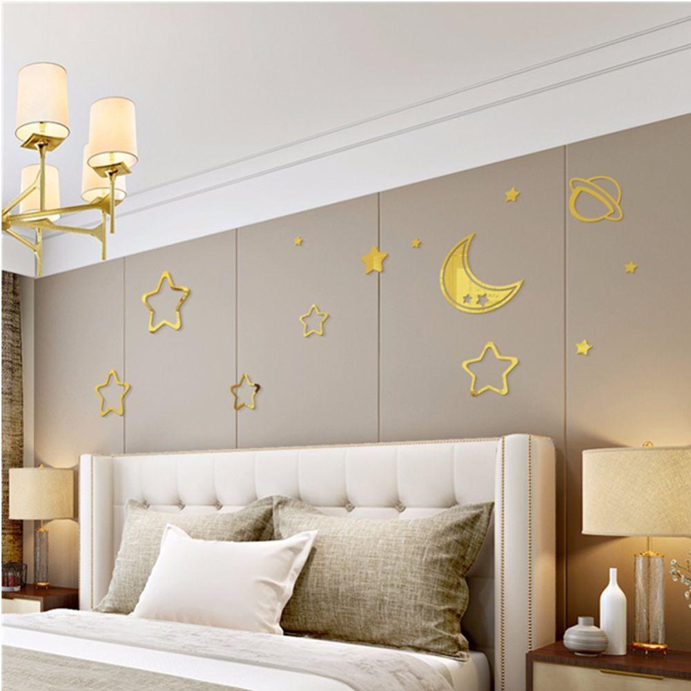 Populer Star Moon Planet Mirror Wall Sticker Dekorasi Rumah Cermin Kombinasi 3D Mini Sticker Mirror Art Wall Decor Mirror Sticker Cermin Reflektif Wallpaper