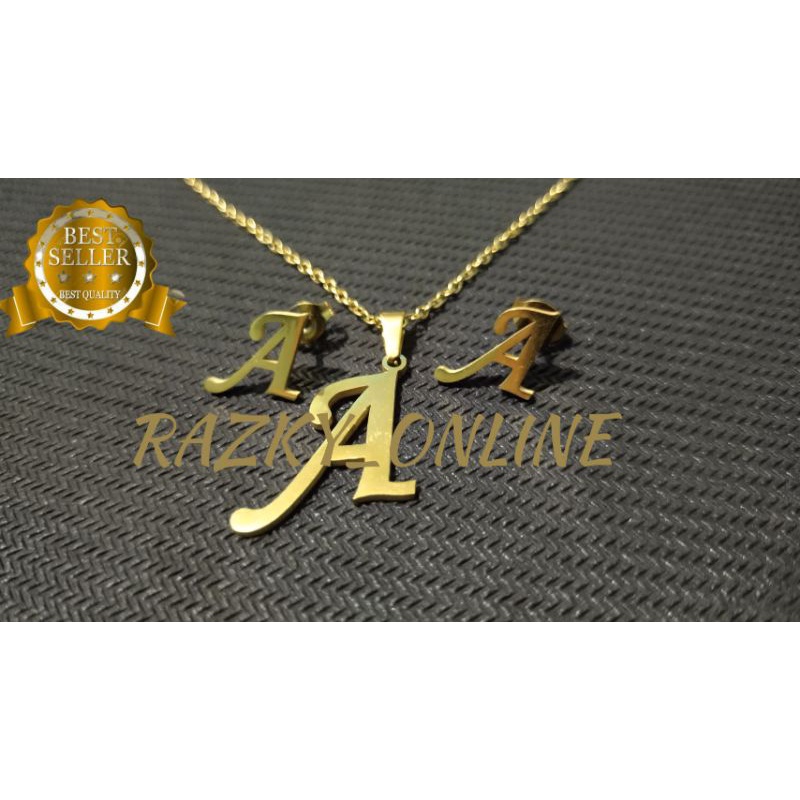 Kalung Liontin Plus Anting Inisial Huruf A Kalung Dan Anting Titanium Gold Anti Karat Anti Luntur