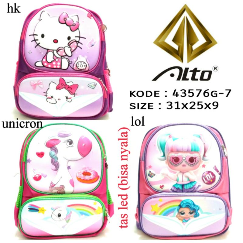 TAS RANSEL SEKOLAH ANAK PEREMPUAN TK LED BISA NYALA ALTO 43576G-7 MOTIF HELLO KITTY UNICORN TERBARU