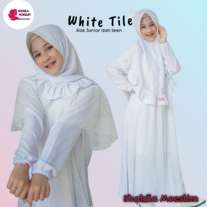 KEIRANA GAMIS SET WHITE TILE (gamis dan kerudung) / GAMIS SET WISUDA/ GAMIS SET PUTIH ANAK TANGGUNG/