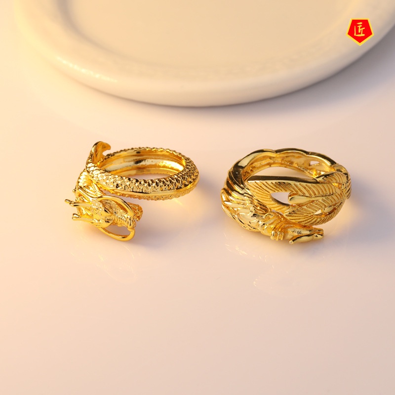 [Ready Stock]Temperament Personality Golden Dragon and Phoenix Couple Rings