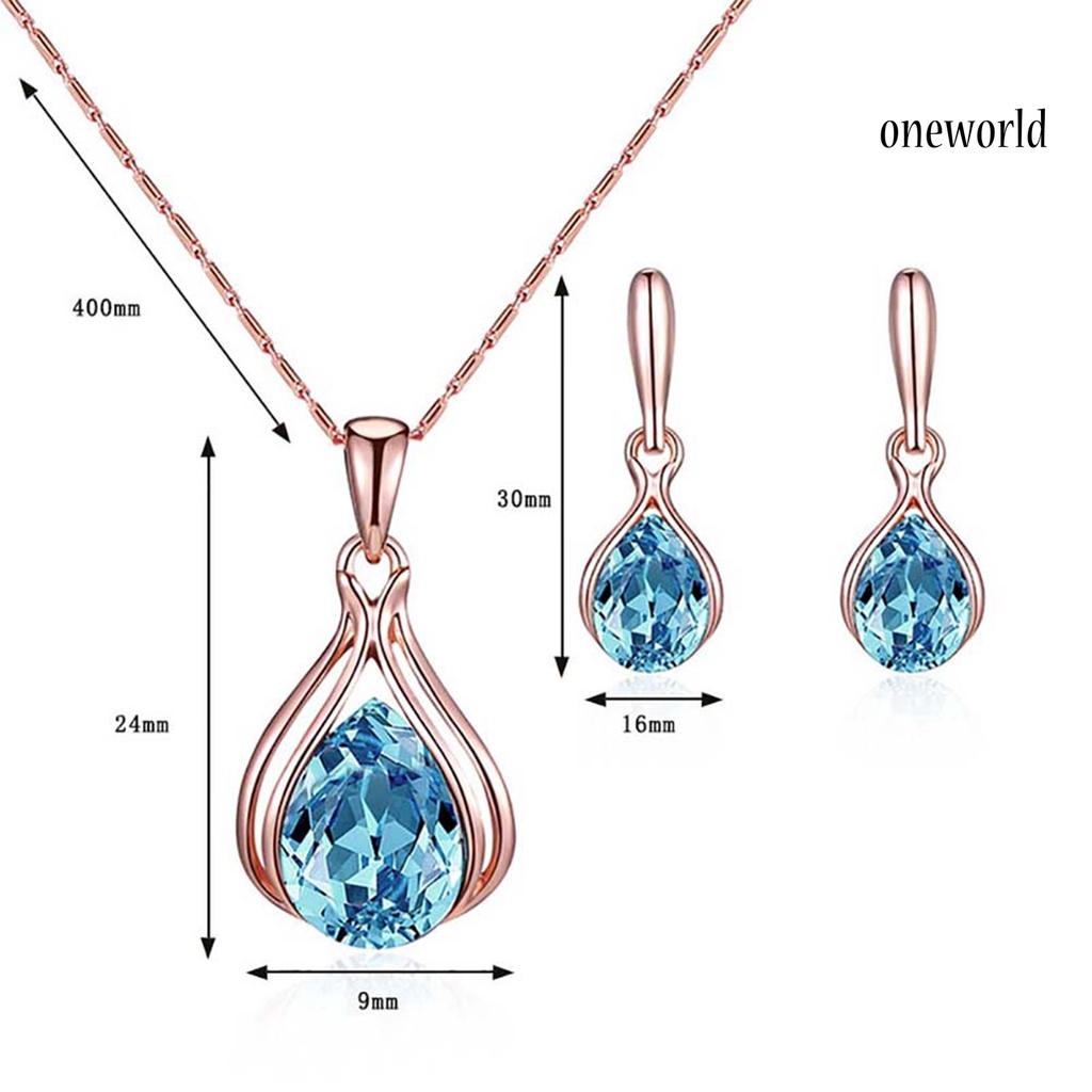 OW@ Women Cubic Zirconia Water Drop Pendant Necklace Ear Stud Earrings Jewelry Set