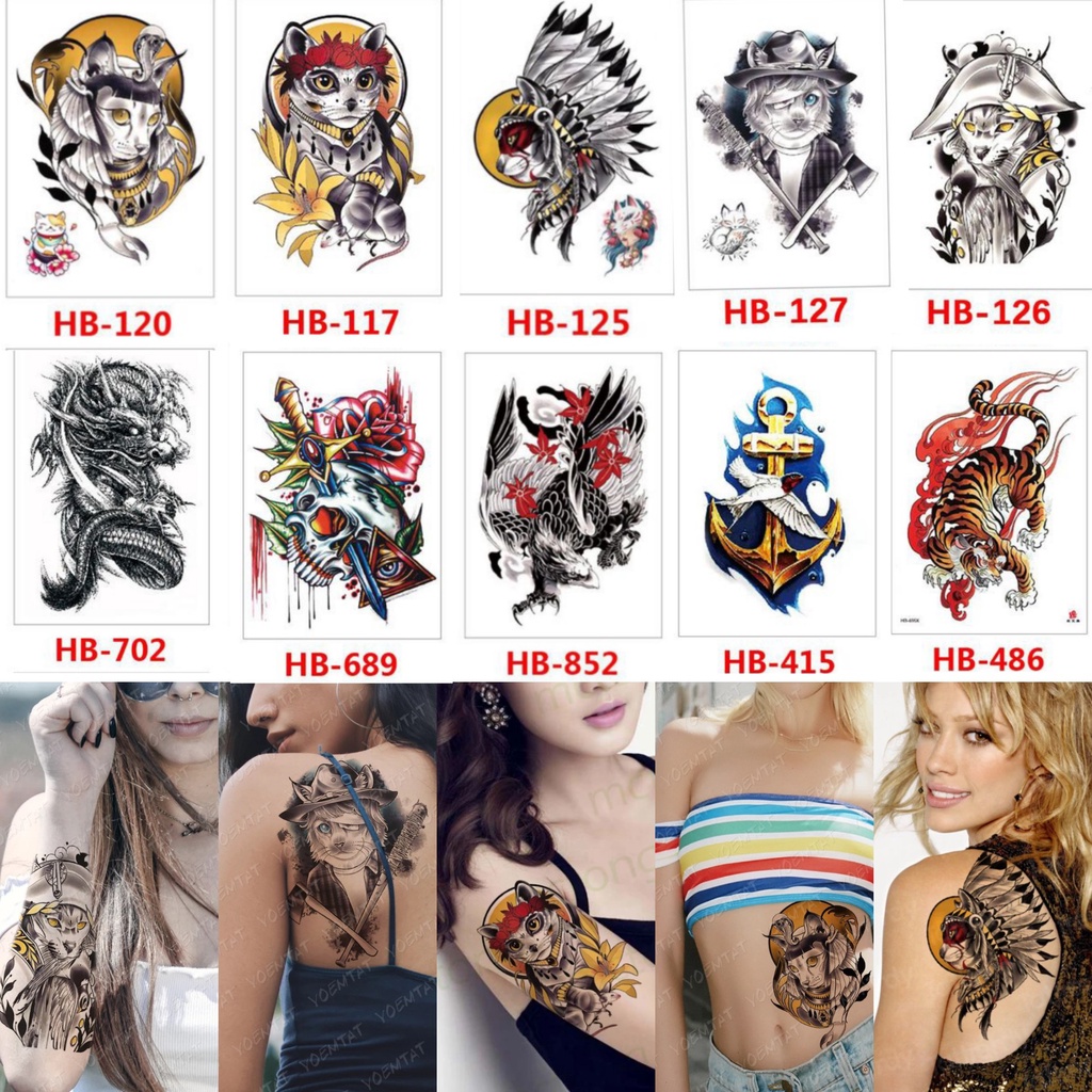 Grosir Stiker Tato / Tato Temporer 21x15cm Motif Aesthetic Tatto Temporary Tato Halal Tato air Berbagai motif kucing naga pedang tengkorak  jangkar macan