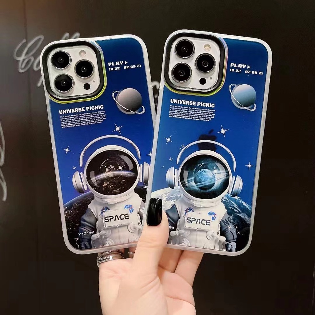 LASER ASTRONAUT PHONE CASE FOR CASE IPHONE 13 12 11 14 PRO MAX 14 MAX XR X XS MAX AVIATION ILLUSTRATION GLITTER ACRYLIC BACK