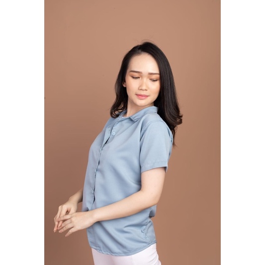 DOMINIC TOP - ATASAN KEMEJA CASUAL WANITA POLOS BUTTON LENGAN PENDEK (BSML1)