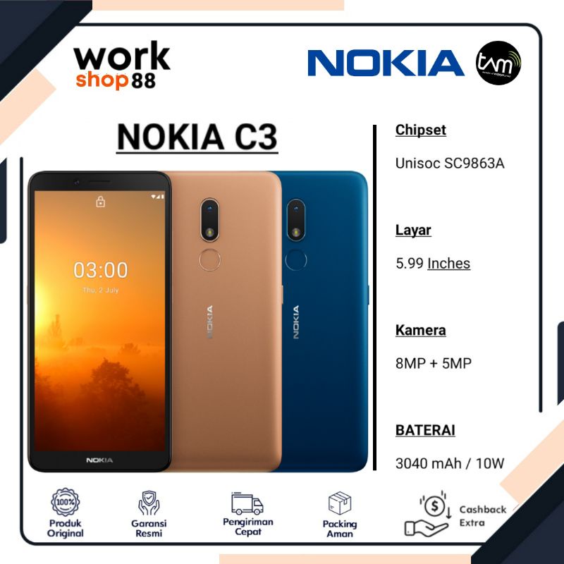 Terbaru HP Android Nokia C3 2/16 Ram 2GB Rom 16GB - Garansi Resmi TAM 1 Tahun Original - Handphone S