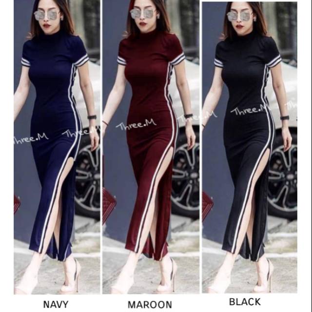 Bludru List Dress Party Panjang Wanita Bodycon Lengan Pendek Turtle Neck Jumbo Model Shanghai Import