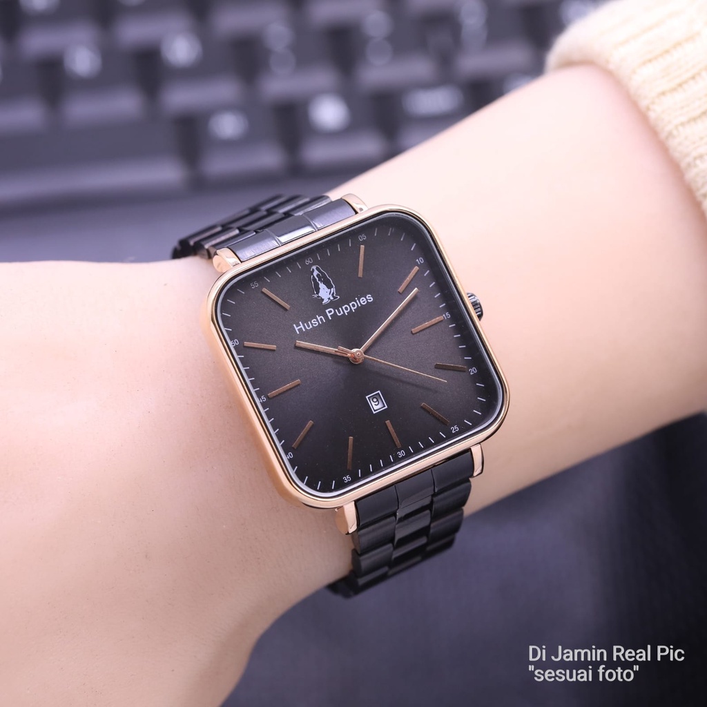 BEST SELLER JAM TANGAN WANITA HUSH PUPPIES STRAP RANTAI KOTAK TANGGAL AKTIF INCLUDE BOX &amp; BATERAI CADANGAN || JAM TANGAN FASHION CEWEK MURAH JAM HUSH PUPIES JAM HP