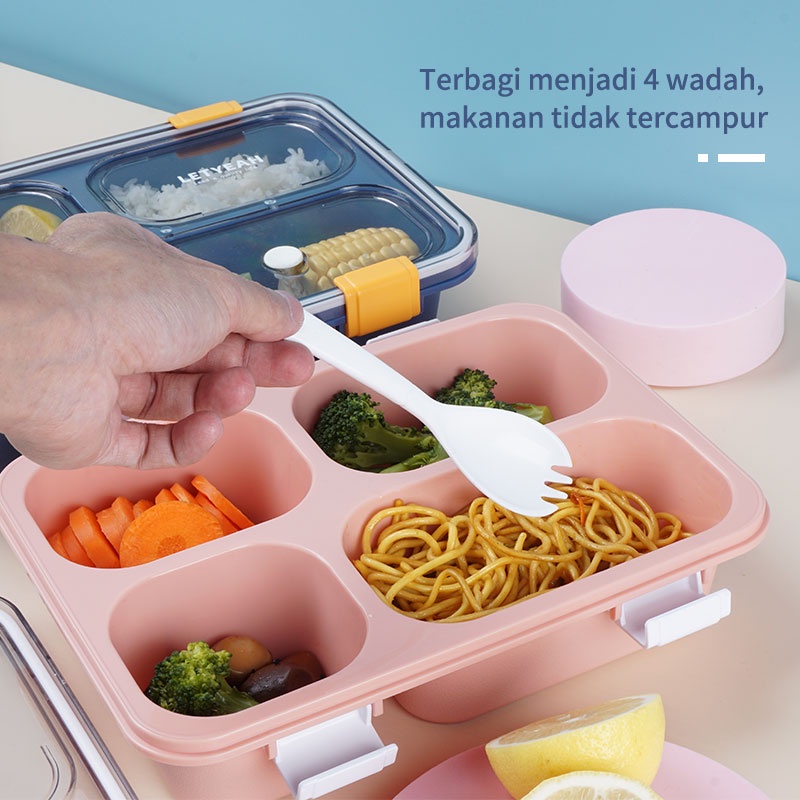 Letyeah &amp; Kaizenliving lunch box 4 grid dengan Kotak Sup free sendok /Kotak makan anti bocor Tempat Makan