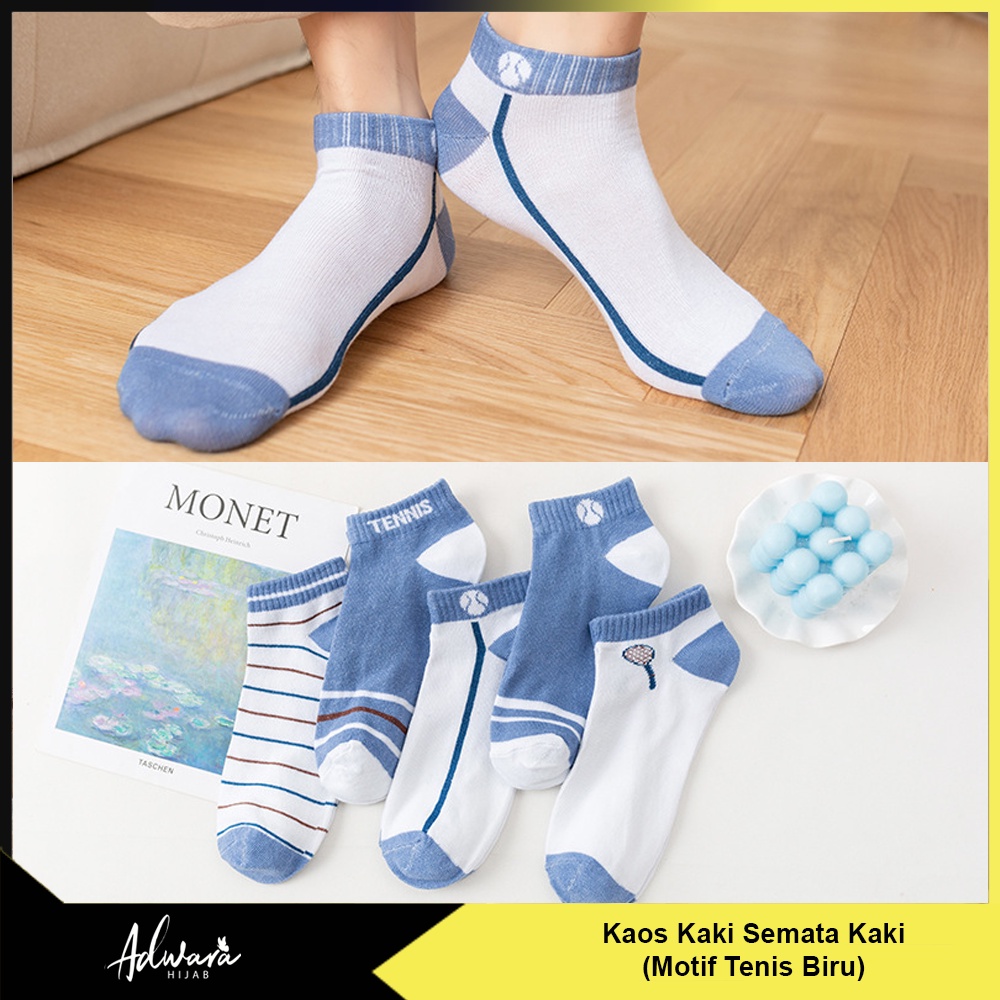 Kaos Kaki Pendek Pria Wanita Motif Tennis / Kaos Kaki Semata Kaki Warna Biru Sporty