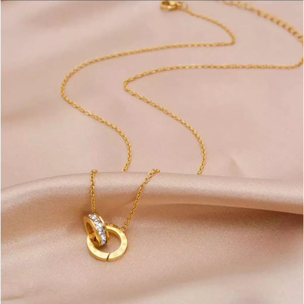 KALUNG TITANIUK WANITA DOUBLE CINCIN ROMAWI ANTI KARAT FASHION KOREA