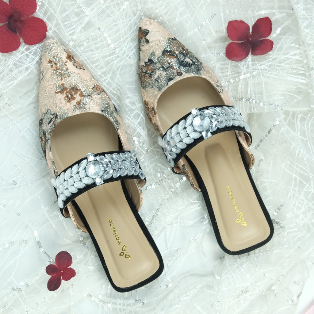 FLASH SALE 7.7 Flat Shoes Luvy Motif FloraL Strap Diamond Mules Wanita MORIS 03