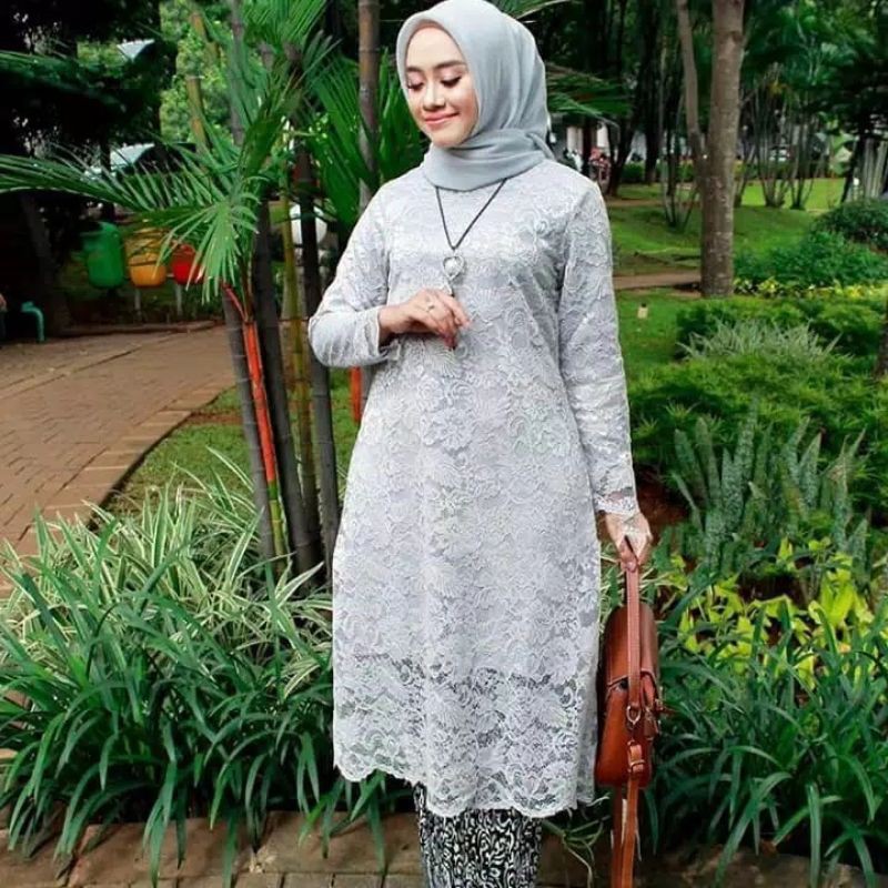 IndahKebaya | SET PAKAIAN KEBAYA TUNIK BRUKAT MODERN / BROKAT JUMBO MUSLIM / BAJU UNTUK KONDANGAN PESTA MURAH KWALITAS  / WARNA HITAM / HIJAU / COKSU MOCCA / SILVER / DUSTY