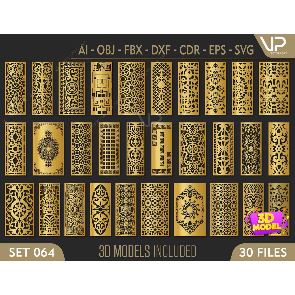 30 Model 3D dekoratif pola islamic dan file vektor file cnc, file pemotongan laser Dxf, Svg