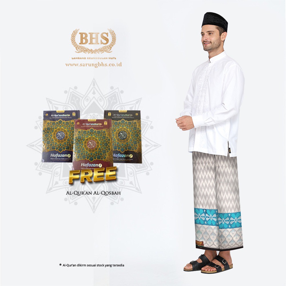 Sarung BHS Royal Gold Motif Ikat Border Dua Warna Putih Biru