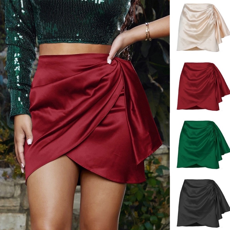 Women Satin Asymmetrical Draped Side Mini Skirt Rok Pendek Satin Wanita 2027(S-XL)