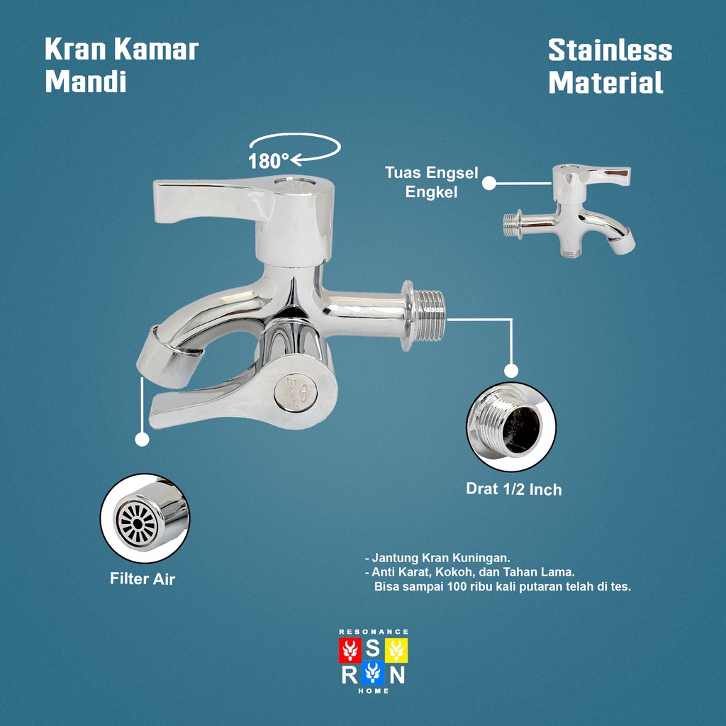 Kran Engkol Cabang Double 2 Lubang Stainless / Keran Shower Kamar Mandi Resonance Home