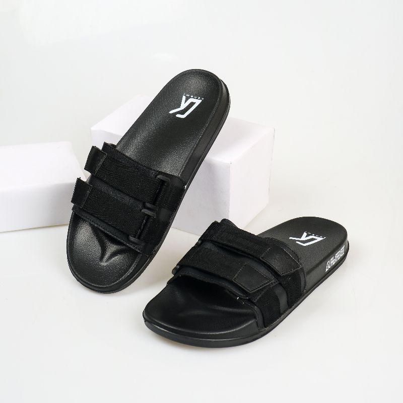 Sandal Slide Pria Slipper Slip on Kokop kasual Anti Slip Ringan Kombinasi Webbing Kanami Full Black  39 - 43