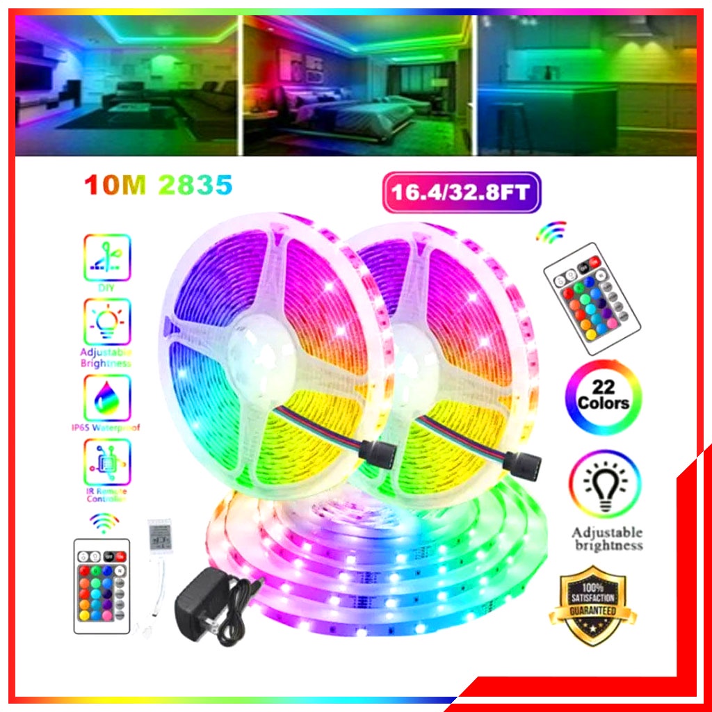 Satu Set Komplit Lampu LED Strip RGB Warna Warni 10 Meter + Adaptor &amp; Remote - Lampu Hias Warna Warni Strip 10 Meter Anti Air