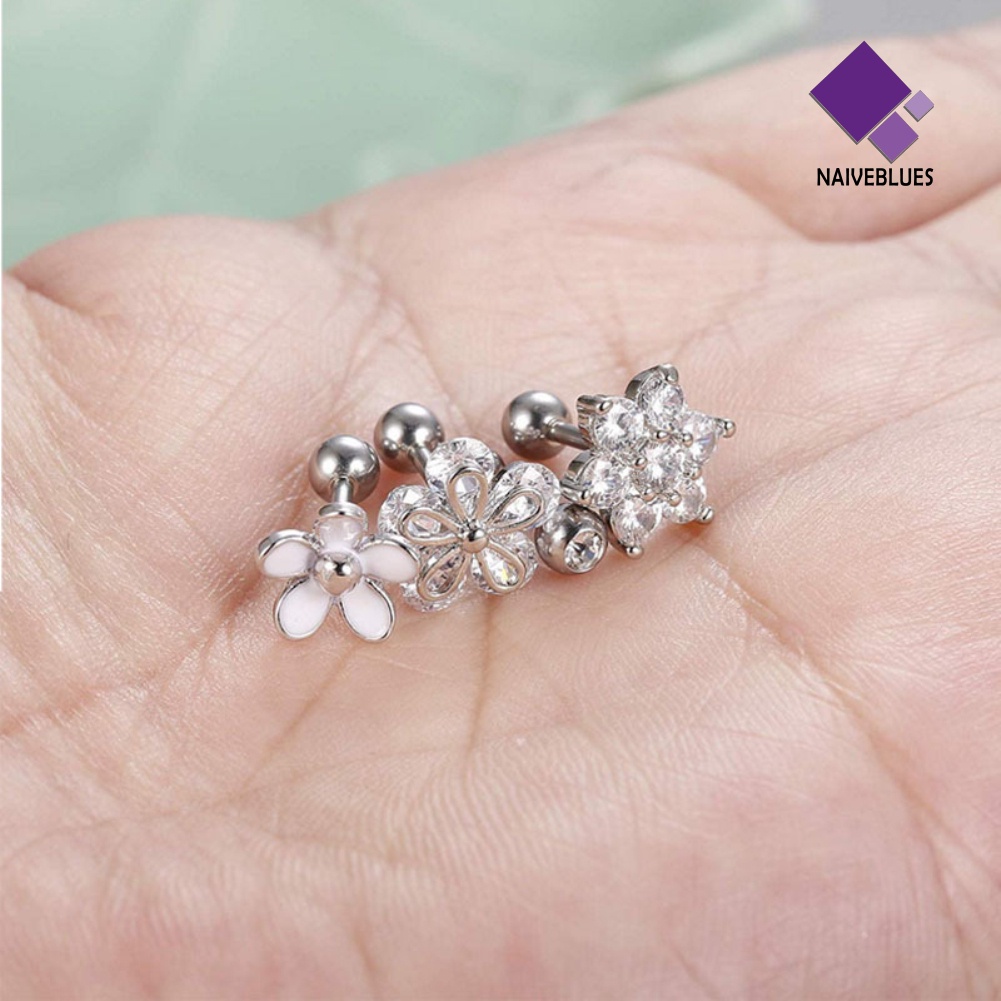 4pcs / Set Anting Stud Tindik Bentuk Bunga Cubic Zirconia Untuk Wanita