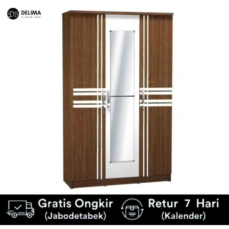 Lemari Pakaian Kayu Minimalis 3 Pintu, kaca - American Walnut & White