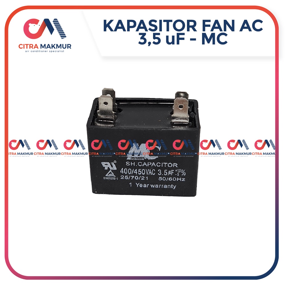 Kapasitor Fan AC 3.5 uf merk MC Kaki 4 Capasitor mikro Kipas Outdoor Mesin Air conditioner 3,5 kotak