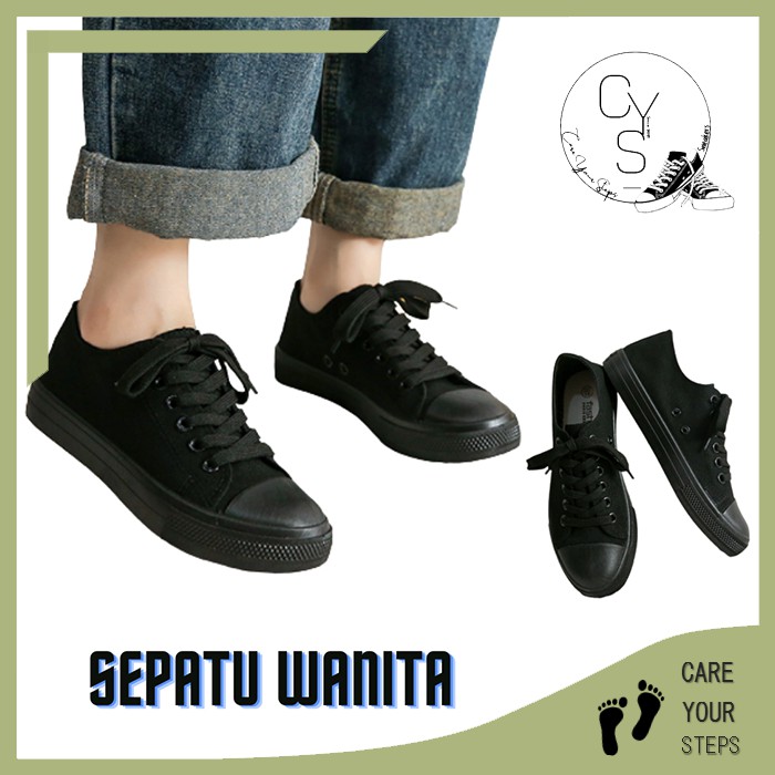 CYS Sepatu Sneakers Wanita Sepatu Kasual Kanvas Hitam Polos Sepatu Sekolah Cewek SPT 06